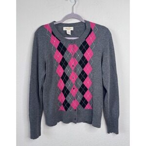 Peck & Peck Silk Cashmere Argyle Cardigan Women's L Rhinestone Preppy Academia
